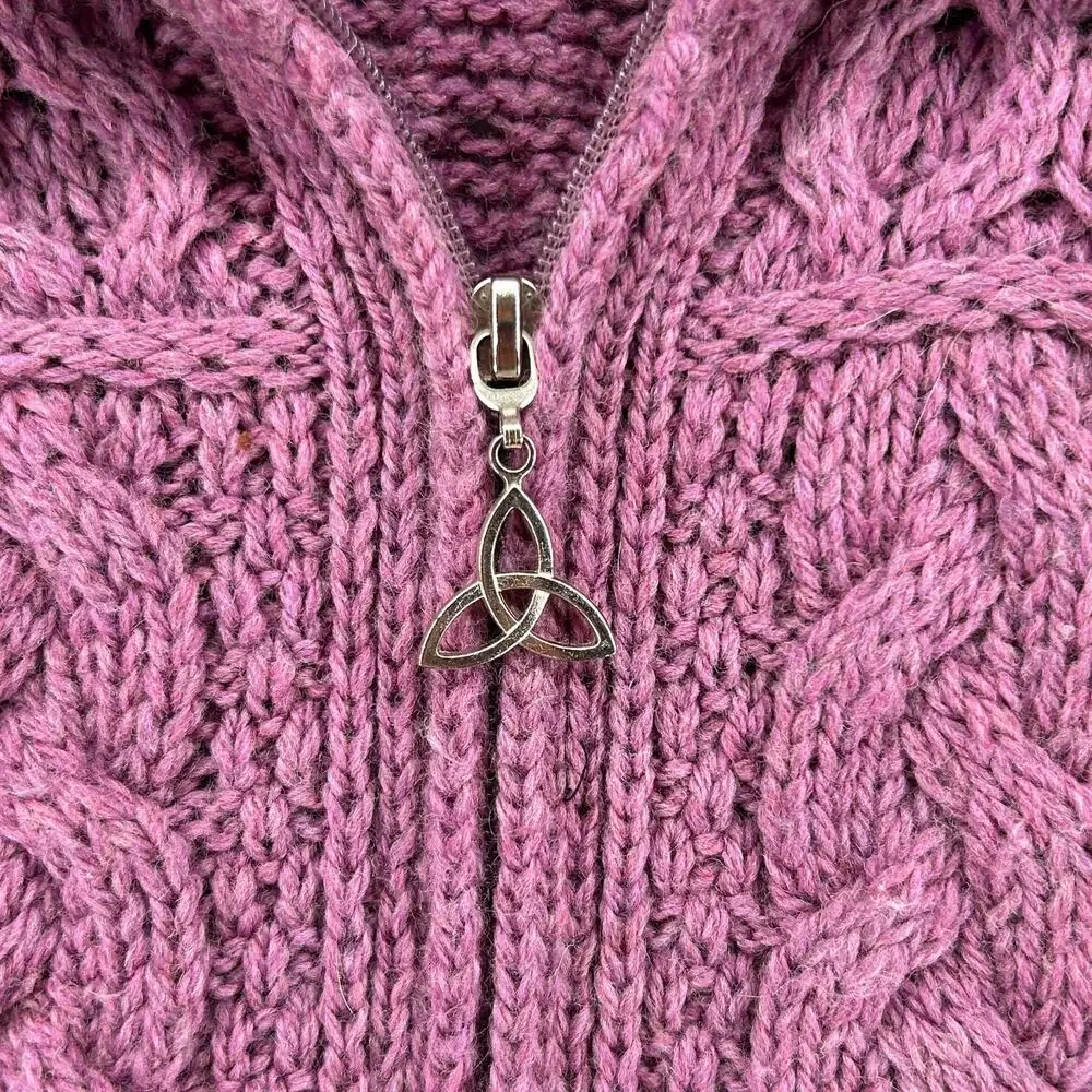 ARAN CRAFTS Sweater Womens S Merino Wool Fisherman Cardigan Zip Up Purple